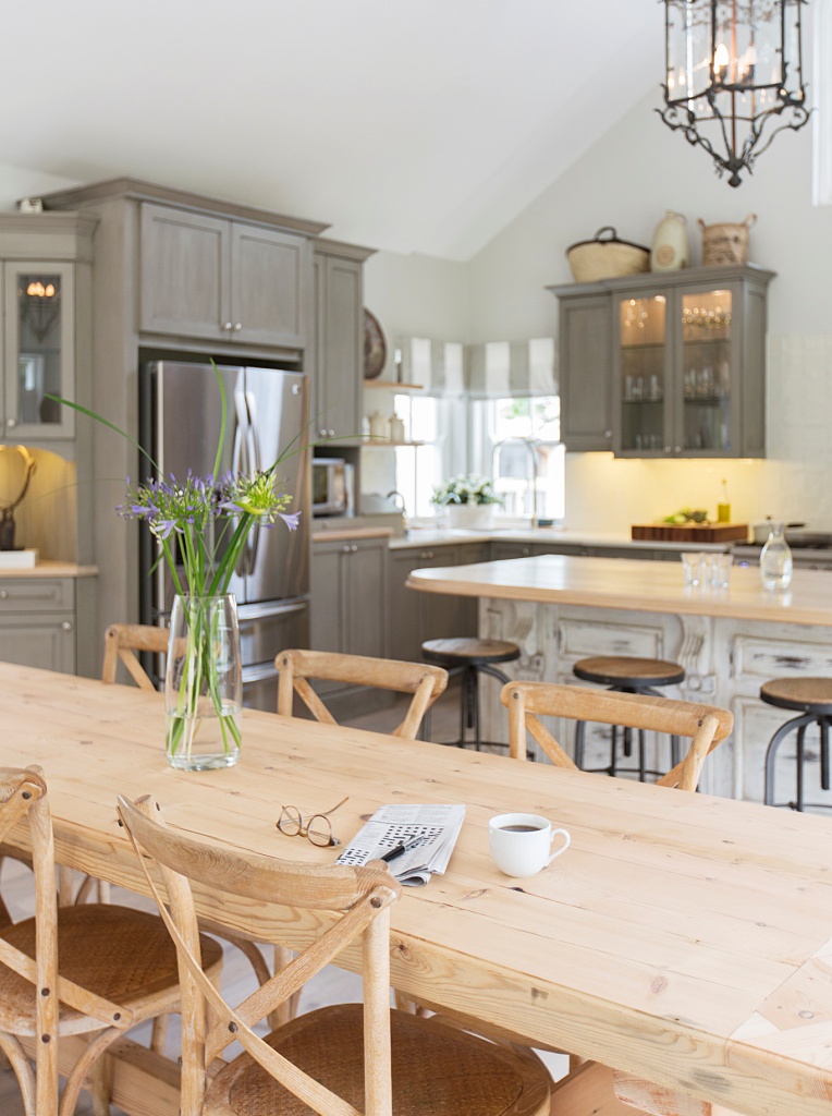 Wooden dining table in French kitchen
