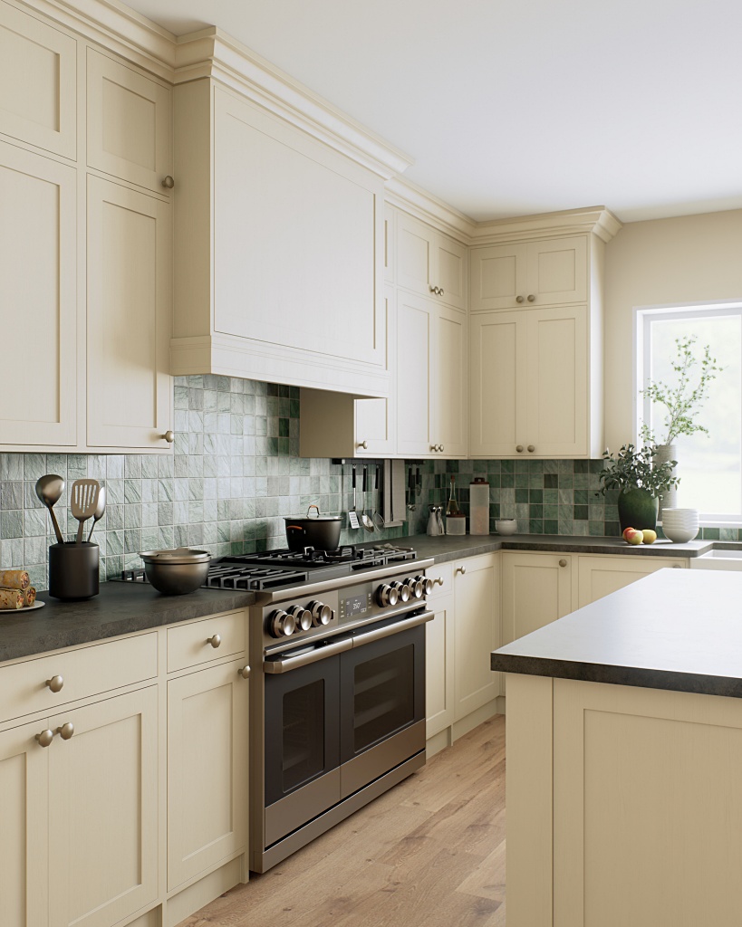 cream cabinets and green tile kitchen