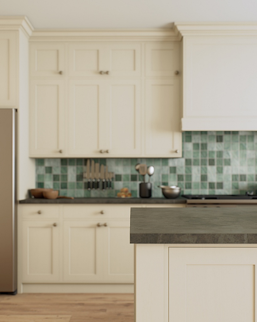 cream kitchen with varied green tile
