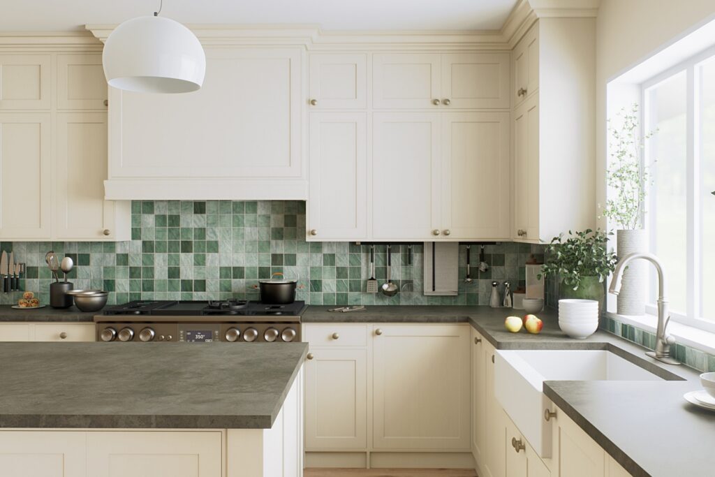green and cream kitchen