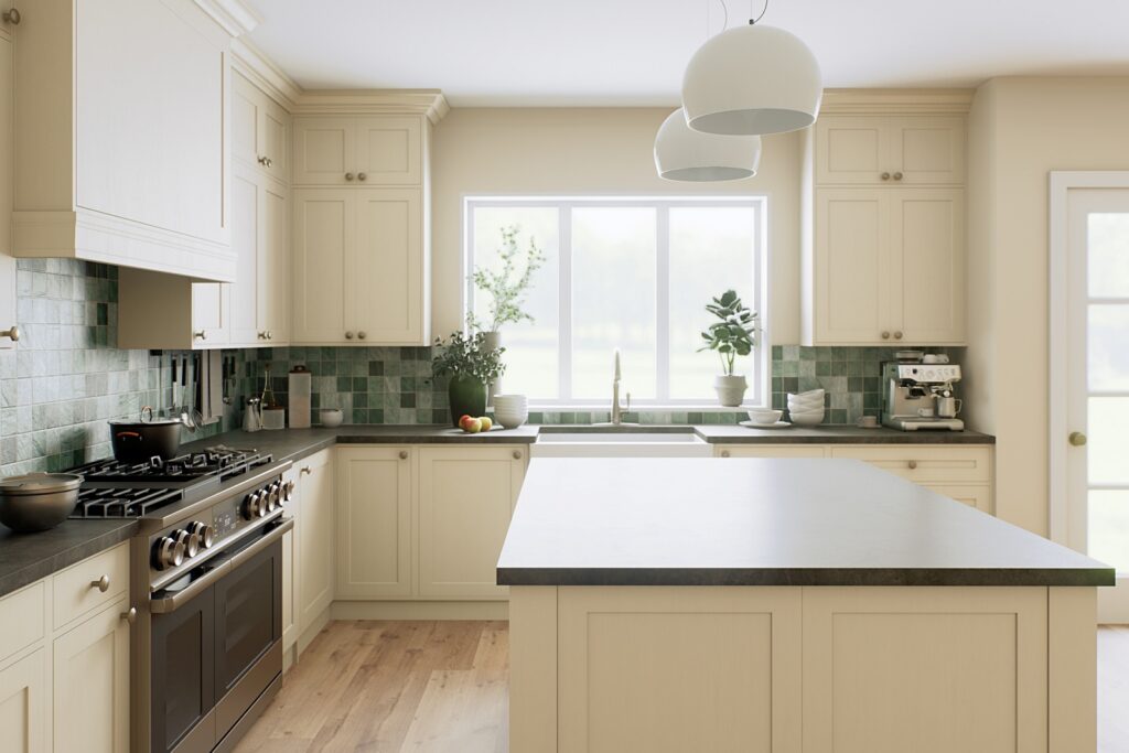 cream kitchen with varied green tile