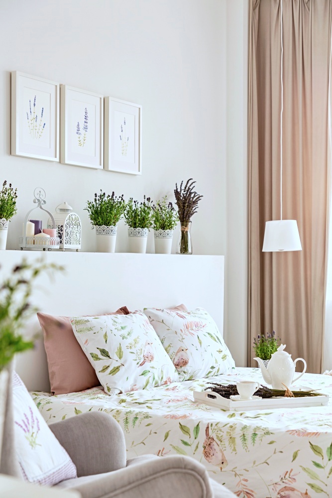 Springtime bedroom with lavender botanical wall art