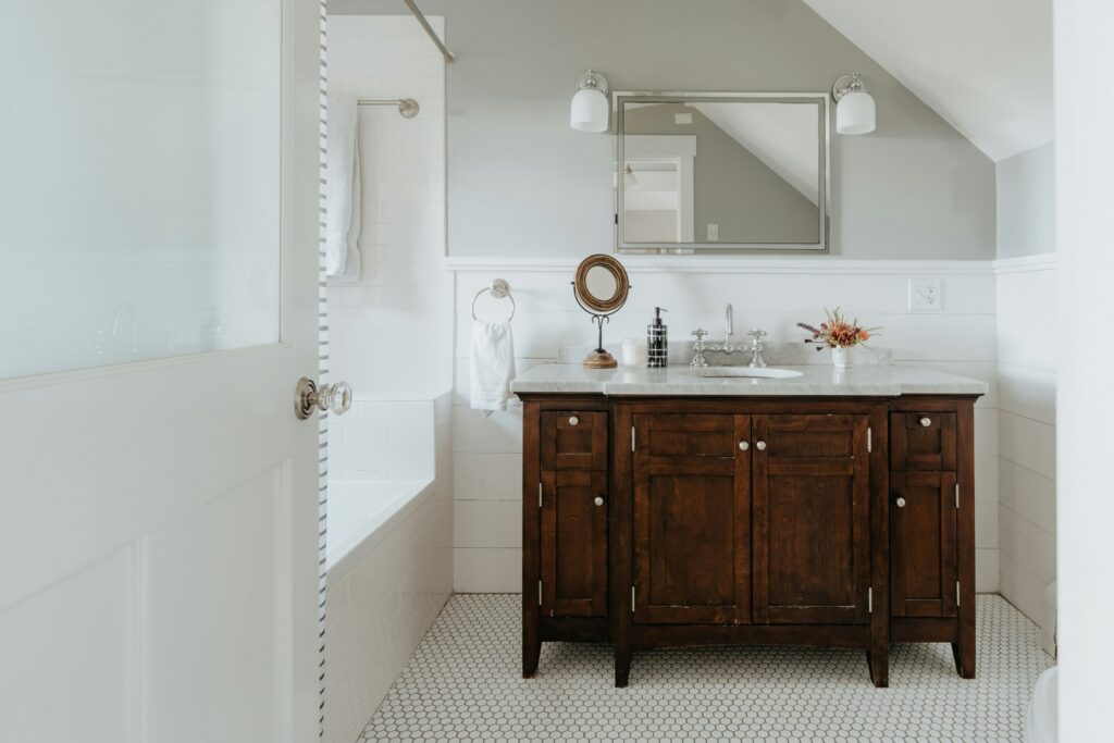 modern country bathroom with wood vanity