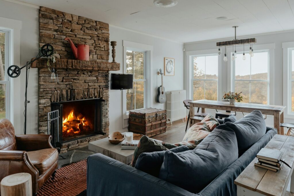 living room and dining room in Catskills home