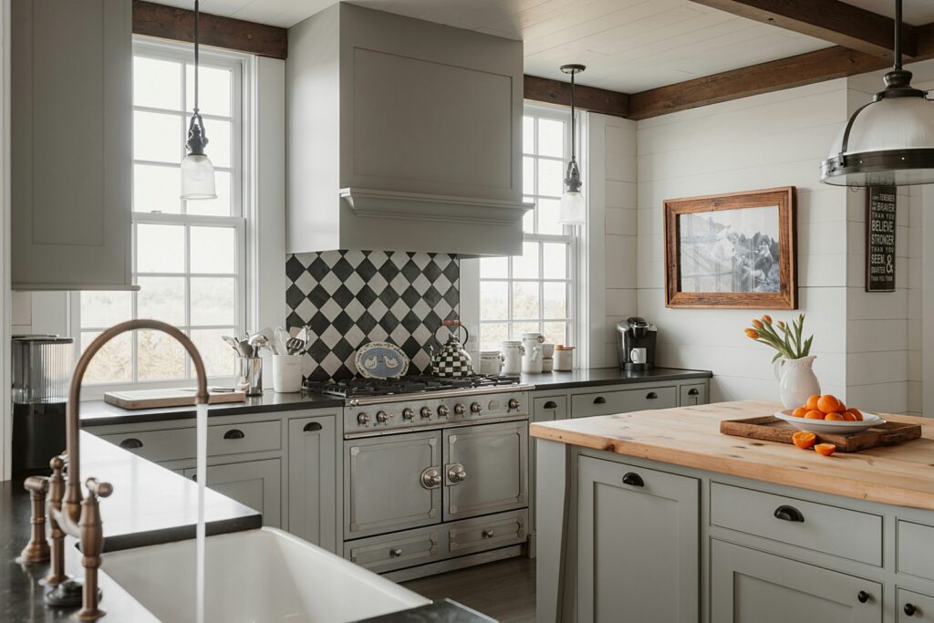 matte black soapstone countertops in modern farmhouse kitchen