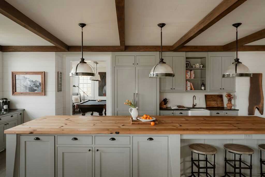 shaker style cabinets painted in soft gray-green color