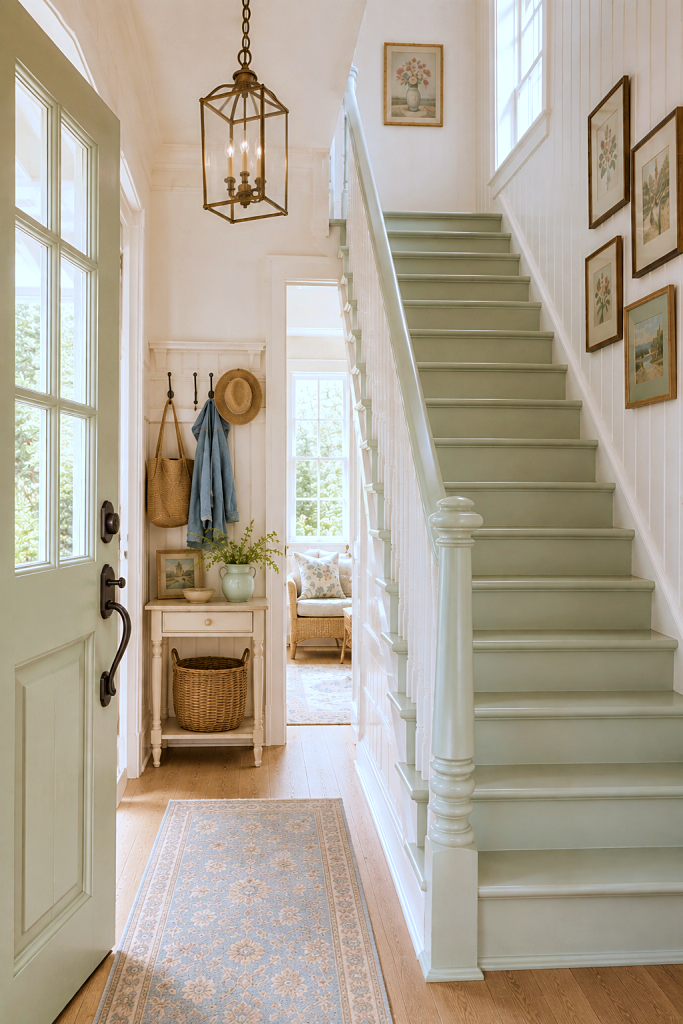 sage green and white entryway in cottage style