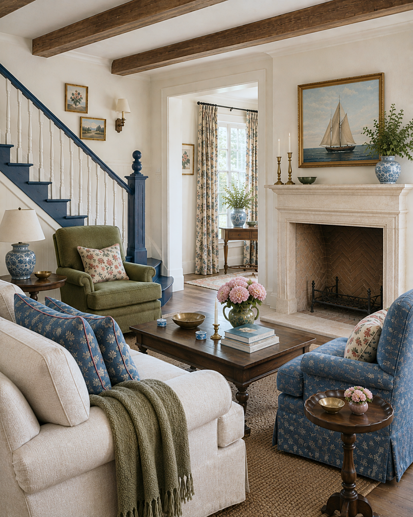 English country living room with painted staircase