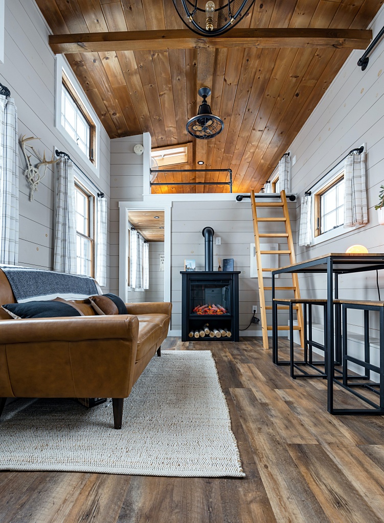 tiny home interior with wood and white