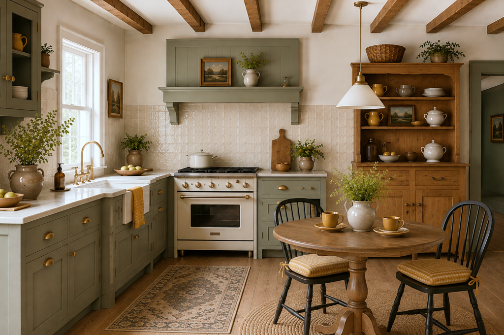 muted green kitchen with wood hutch and accents