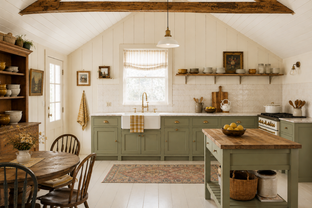 sage green cabinets in country kitchen
