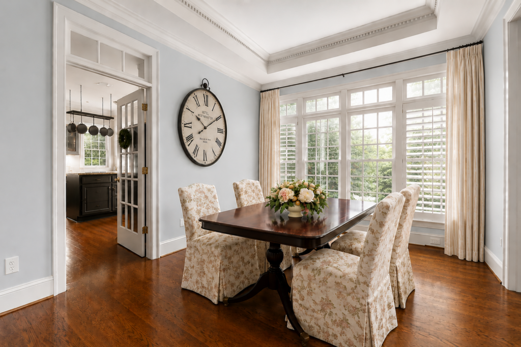traditional dining room with upholstered chairs