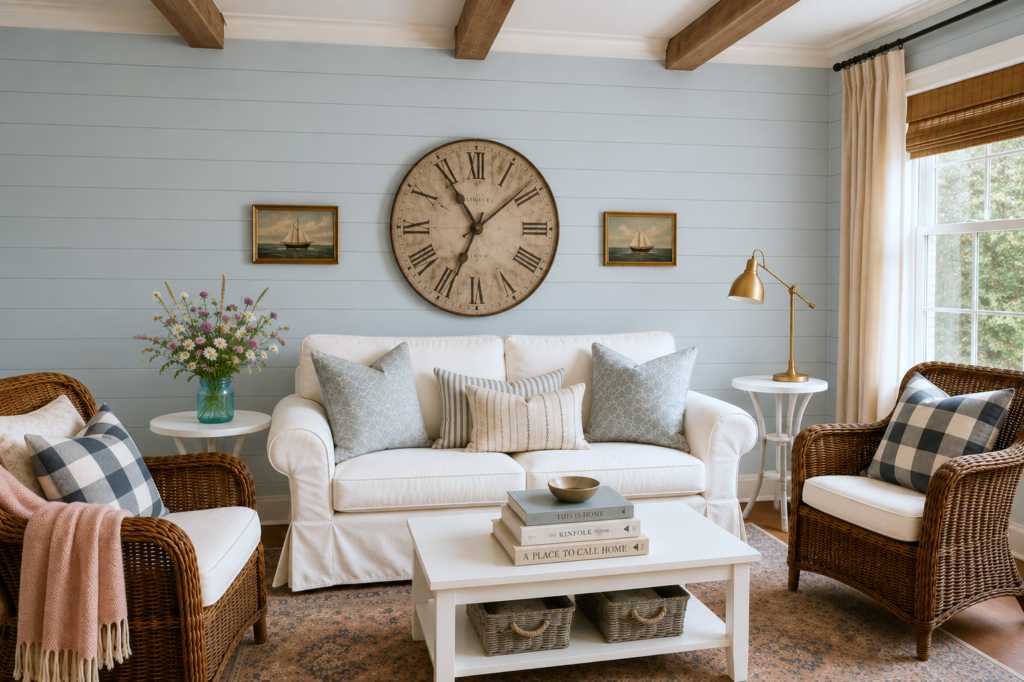 aged wall clock in coastal living room