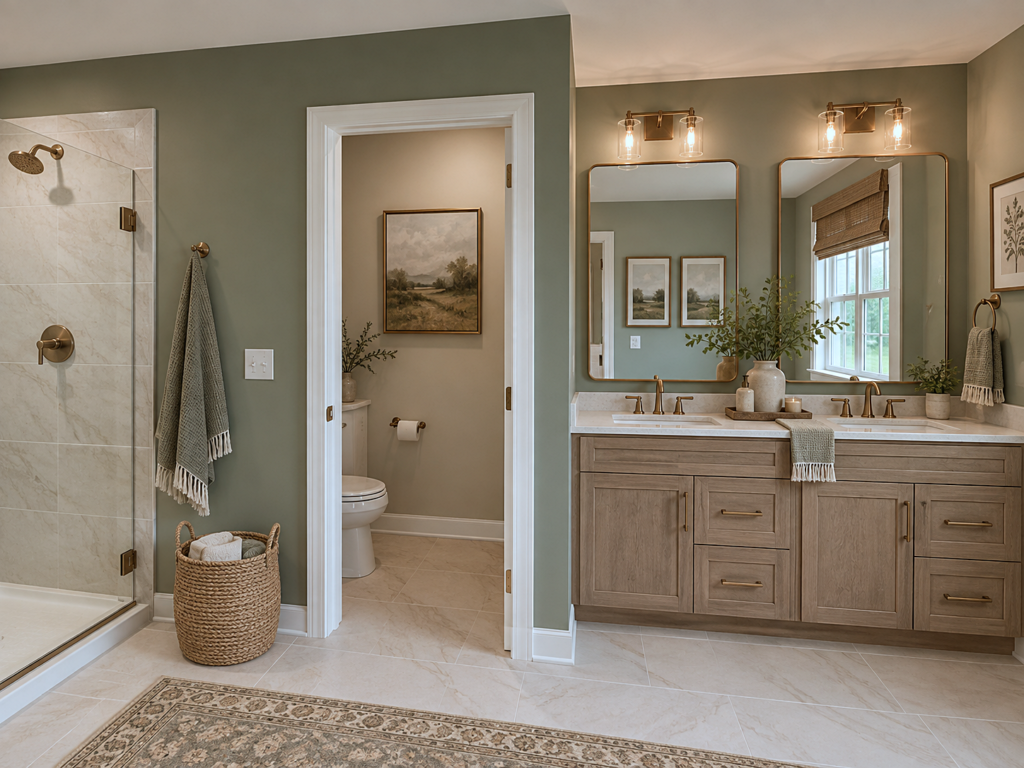 primary bathroom in sage green and wood tones