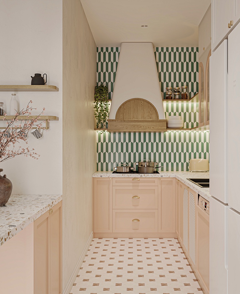 Modern Kitchen Interior with Pastel Pink Cabinets and Green Geometric Arch Backsplash Tiles