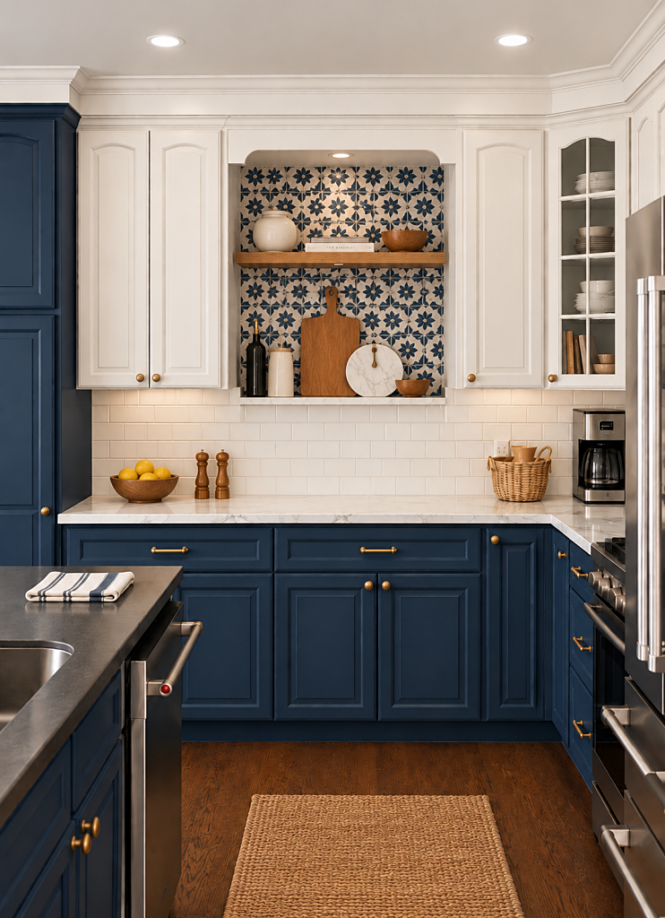 kitchen with navy blue lower cabinets and white upper cabinets