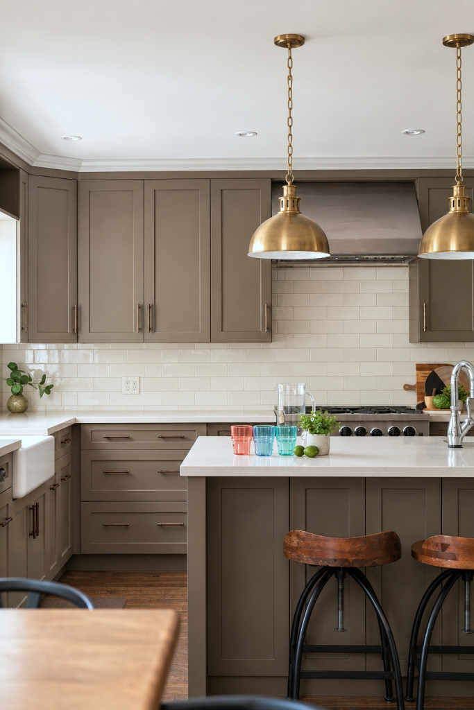 mushroom colored kitchen with white counter tops