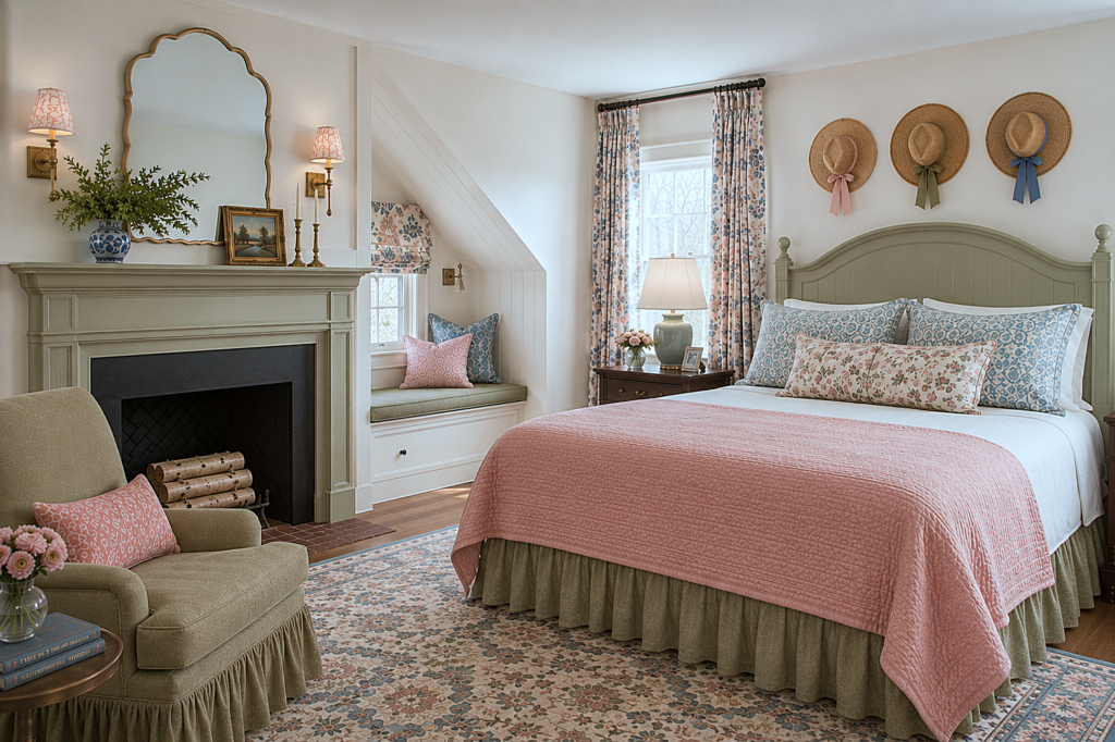 colorful cottagecore bedroom with fireplace