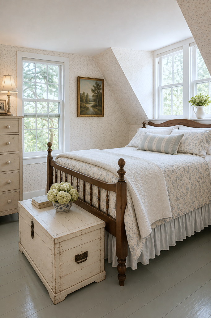 charming attic bedroom with layers and prints