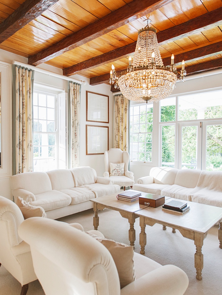 Chandelier hanging in luxury living room
