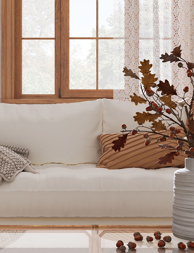 neutral living room decorated for fall