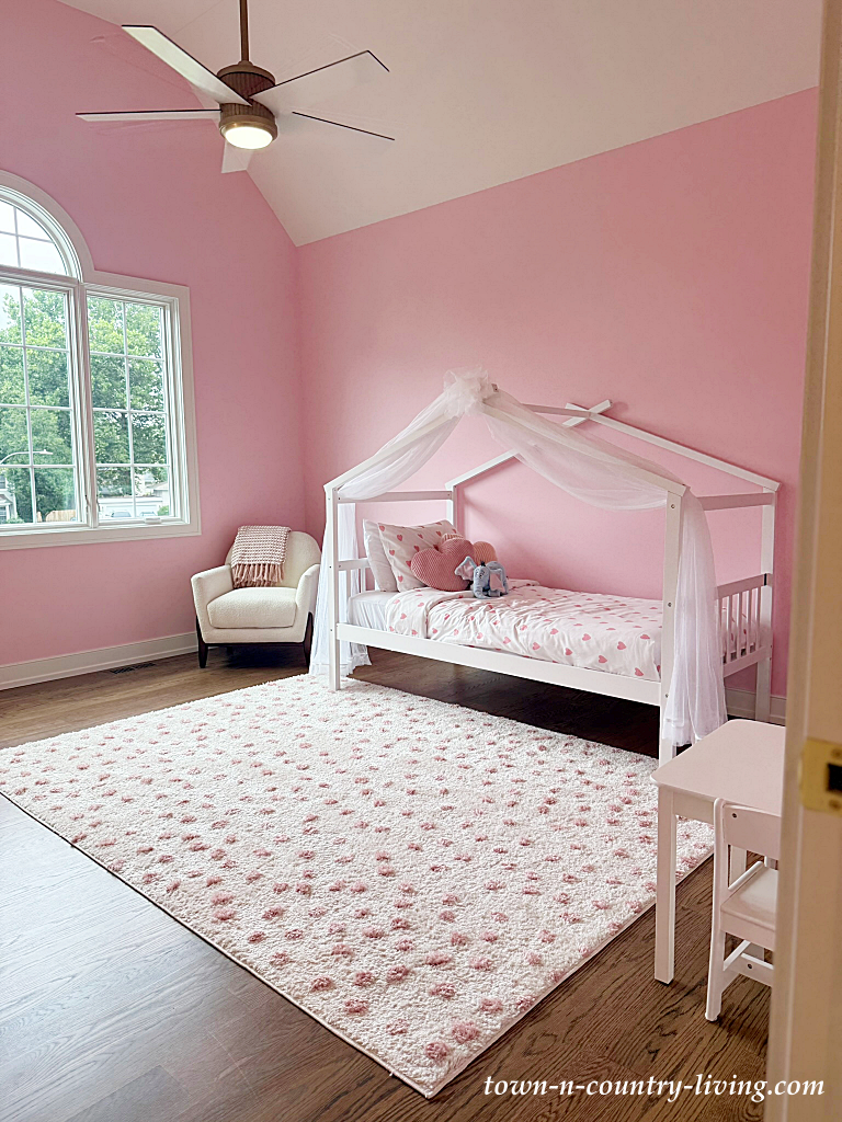 girl's pink bedroom with canopy bed