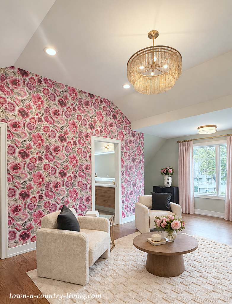 sitting room with bold floral wallpaper