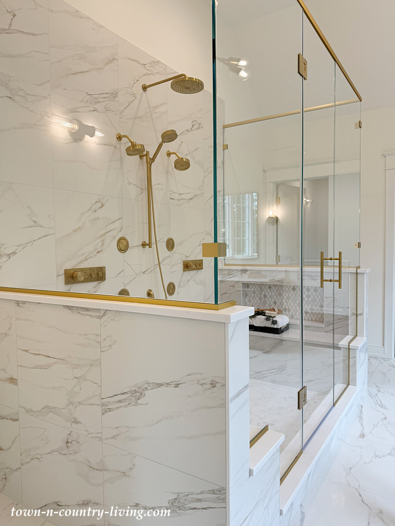 large walk-in glass shower in custom home