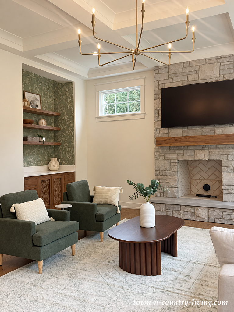 custom home family room with stone fireplace