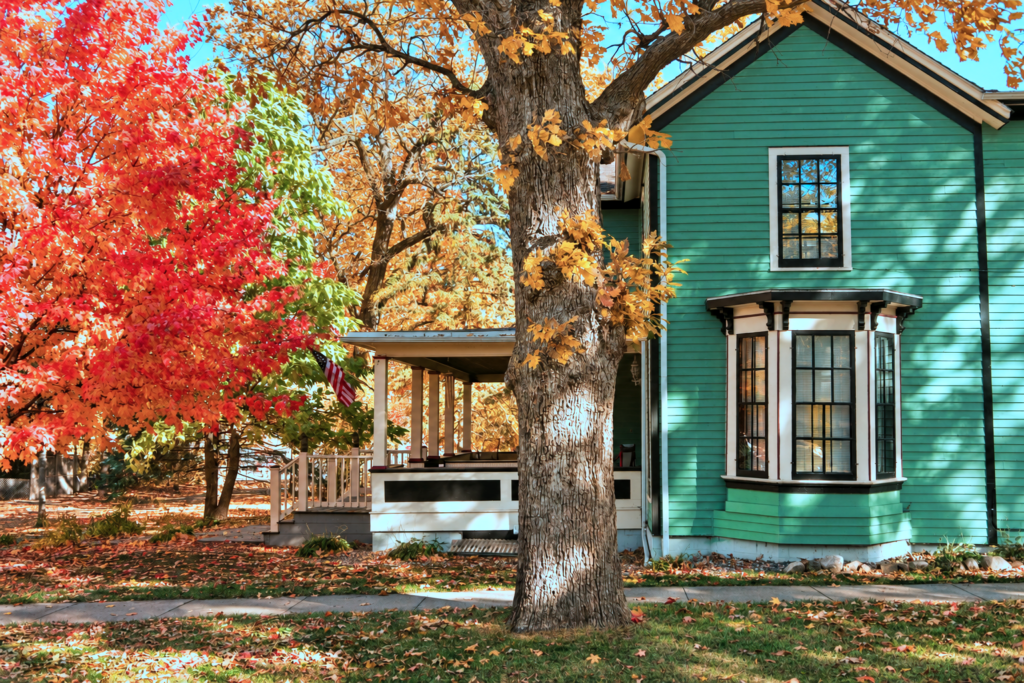 green Victorian farmhouse on tree-lined street