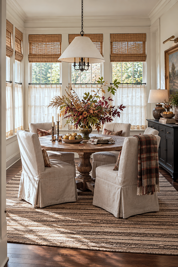 warm dining room decorated for fall