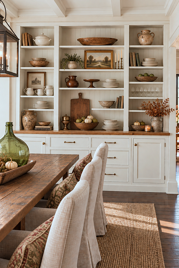built-in shelves in dining room display collected pieces