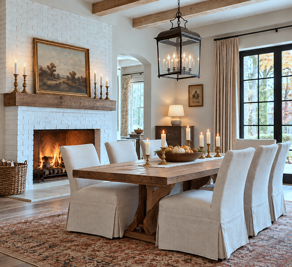large dining room with fireplace
