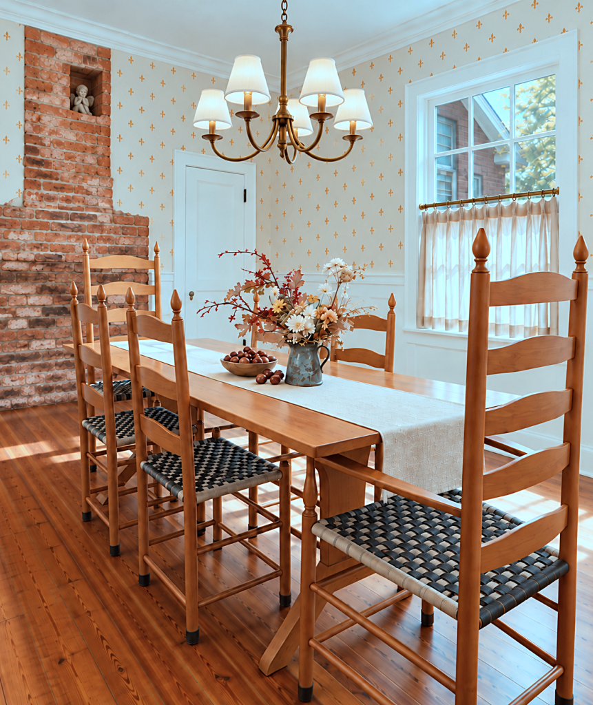 old-fashioned dining room with high back chairs