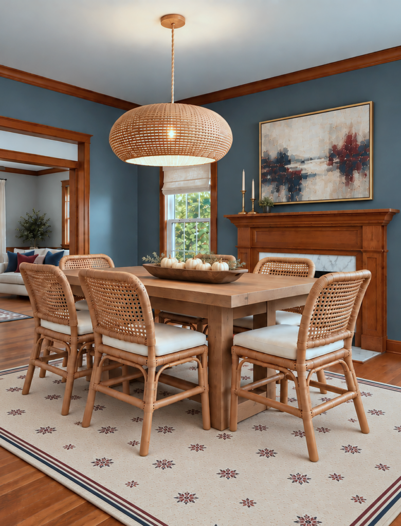 blue and wood dining room