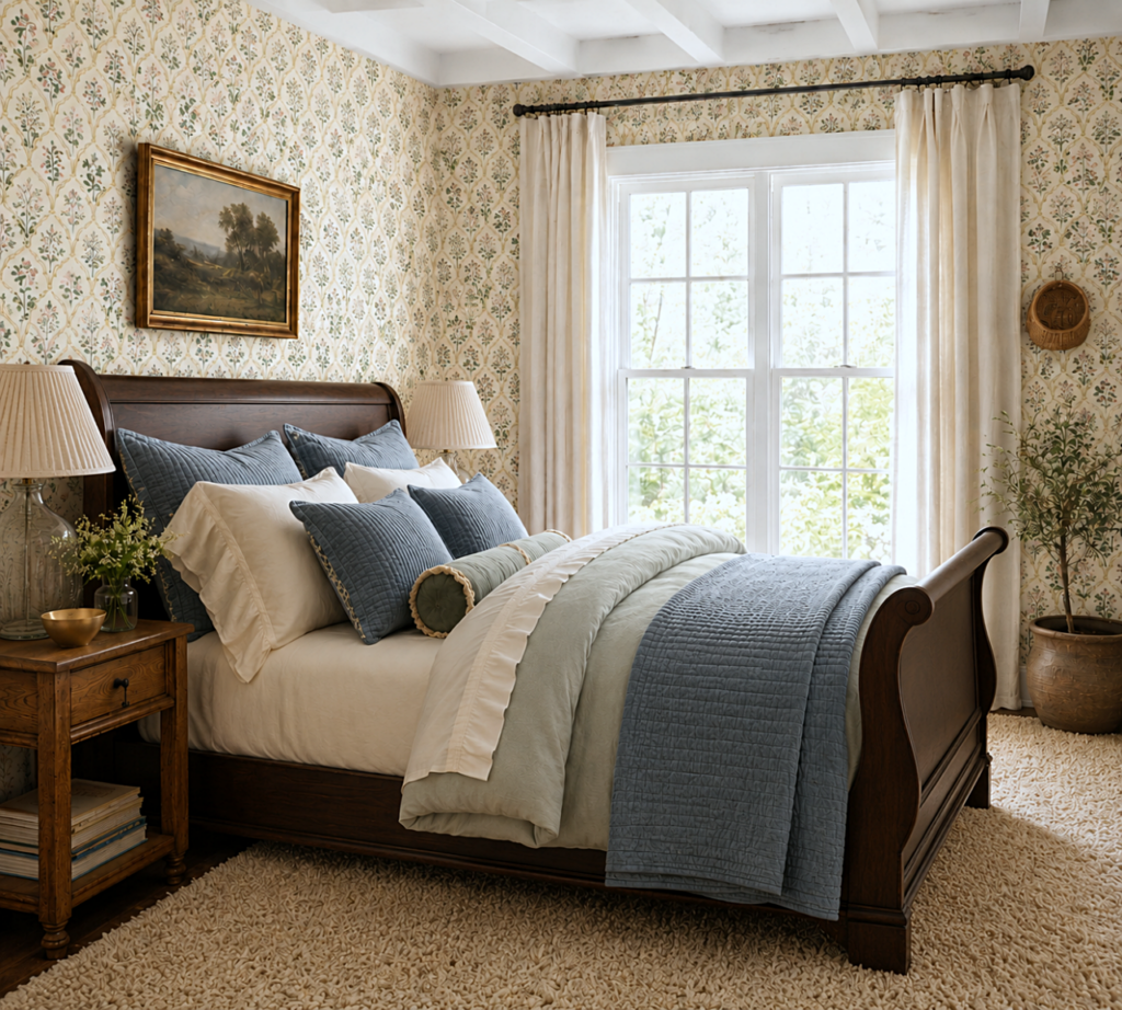 traditional bedroom with wallpaper