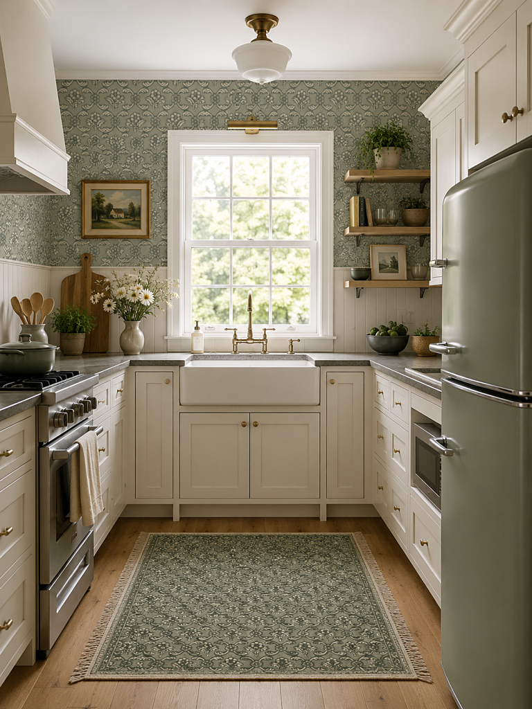 small white kitchen with cute wallpaper