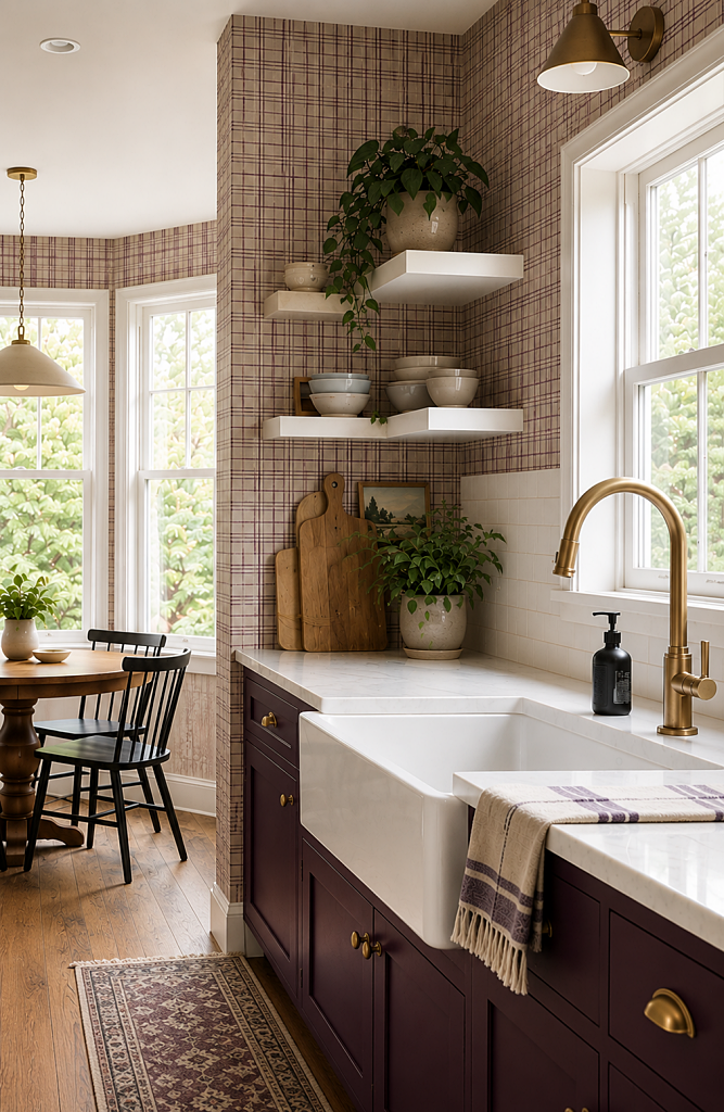plaid wallpaper in kitchen