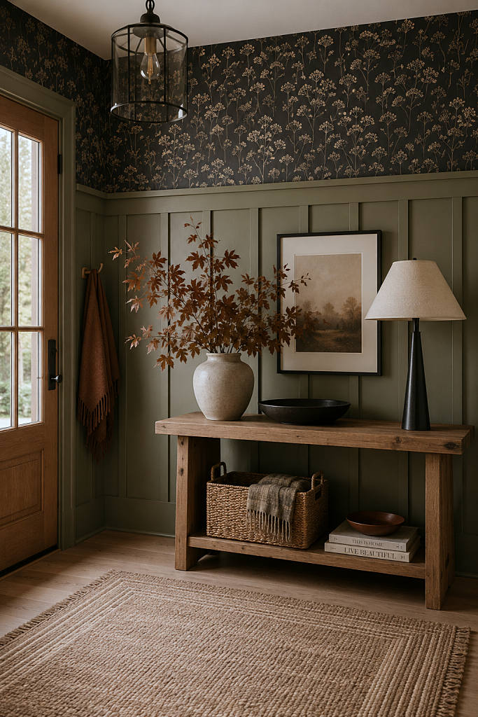 cozy entryway with board and batten and wallpaper