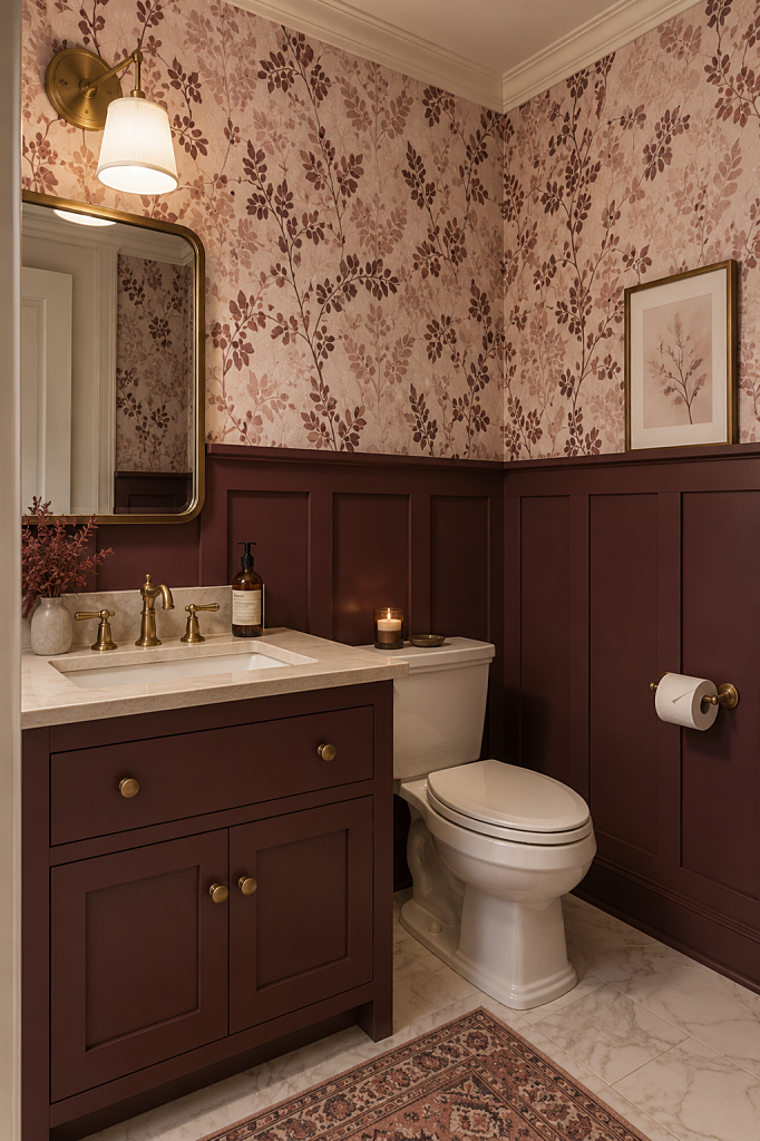 cozy powder room with cute wallpaper