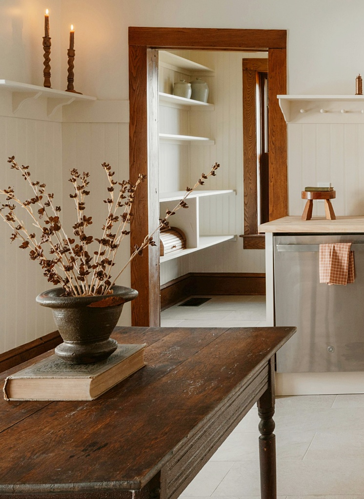 vintage kitchen in wood and cream