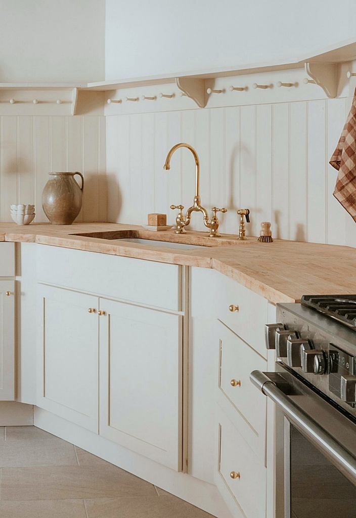 beadboard back splash and peg board shelves in kitchen