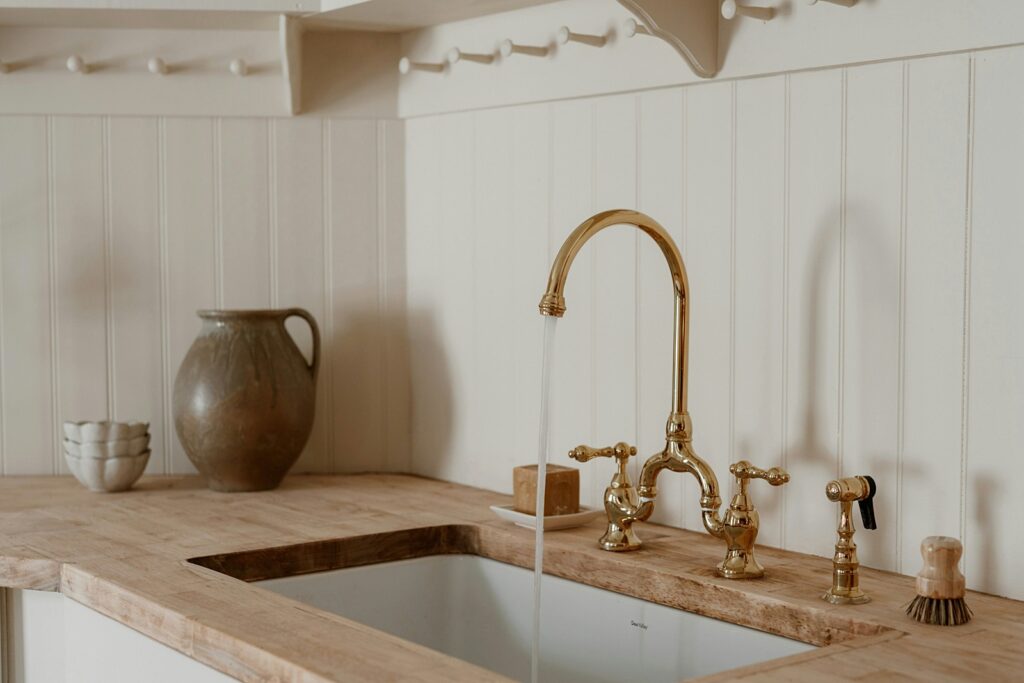 goose neck faucet in historic kitchen