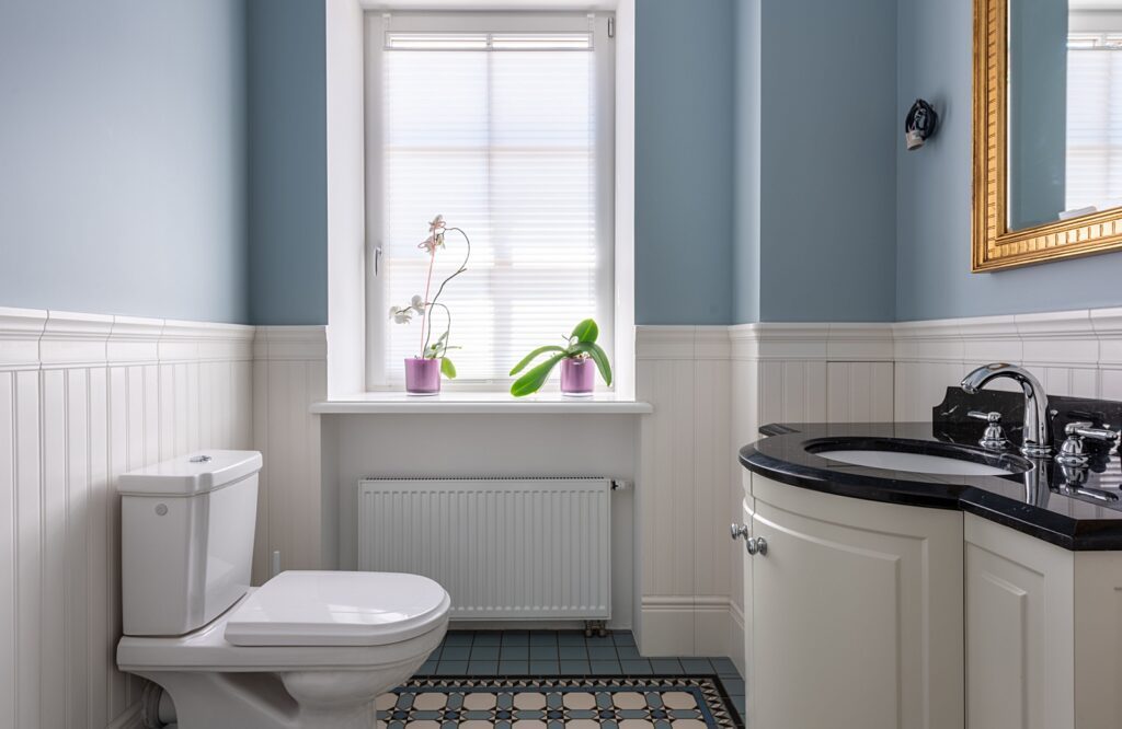 classic blue and white powder room