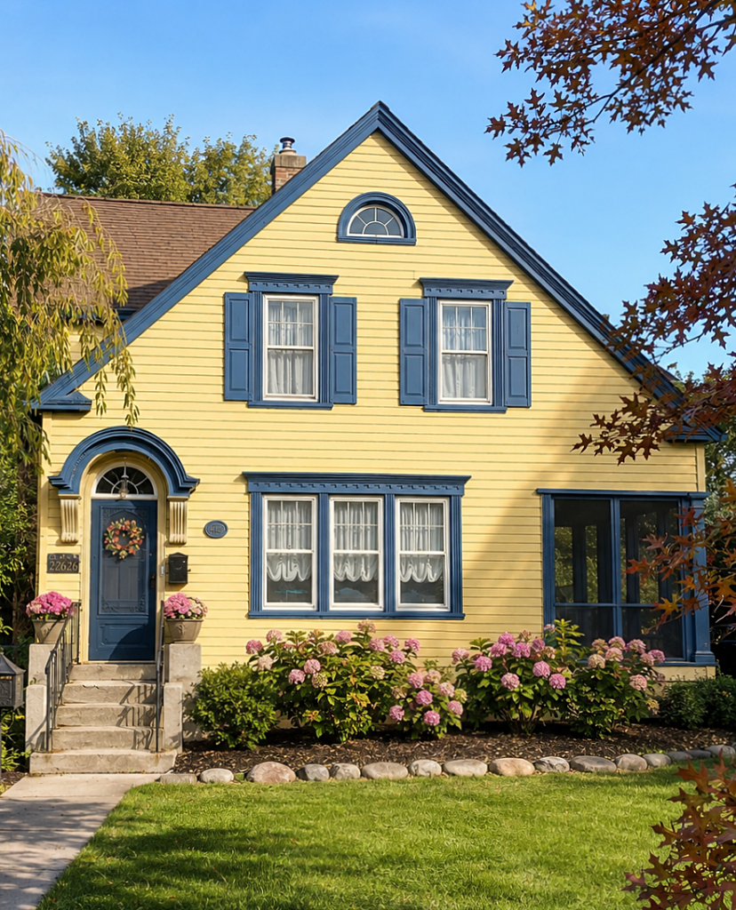 yellow cottage with dusty blue trim and shutters