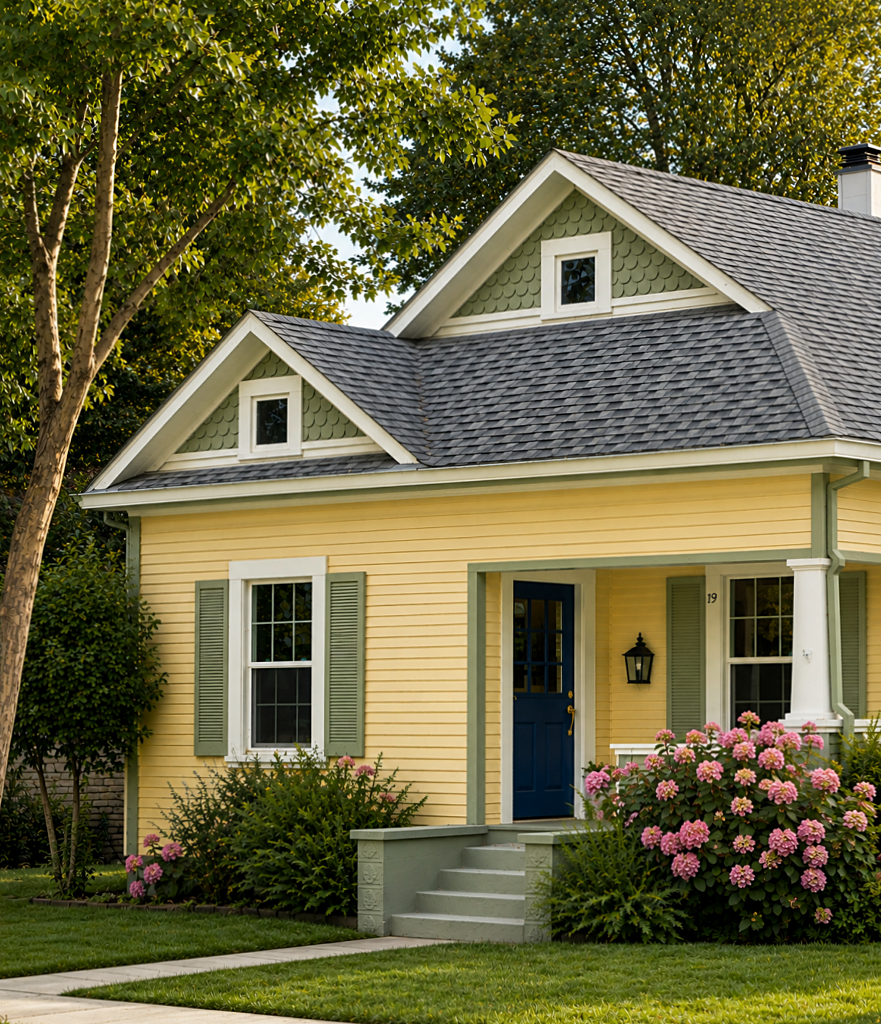 yellow siding with sage green shutters