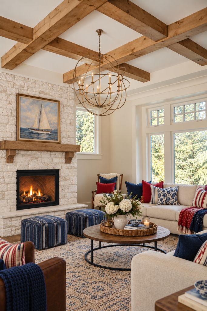 red, white, and blue living room