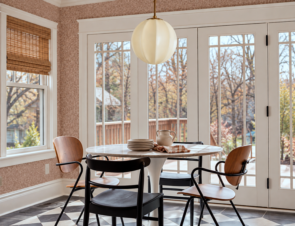 warm autumn dining nook with windows