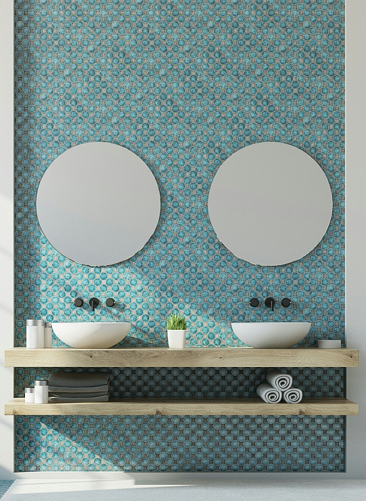 beautiful blue tile on wall in bathroom