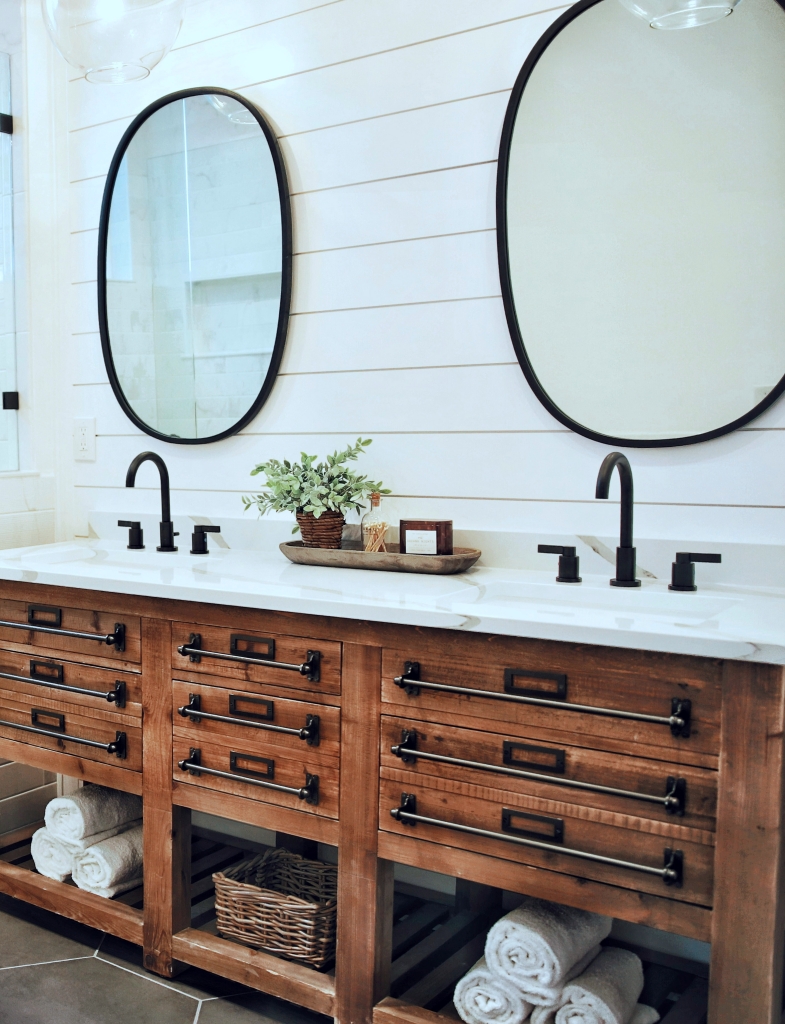 natural wood vanity with double sinks